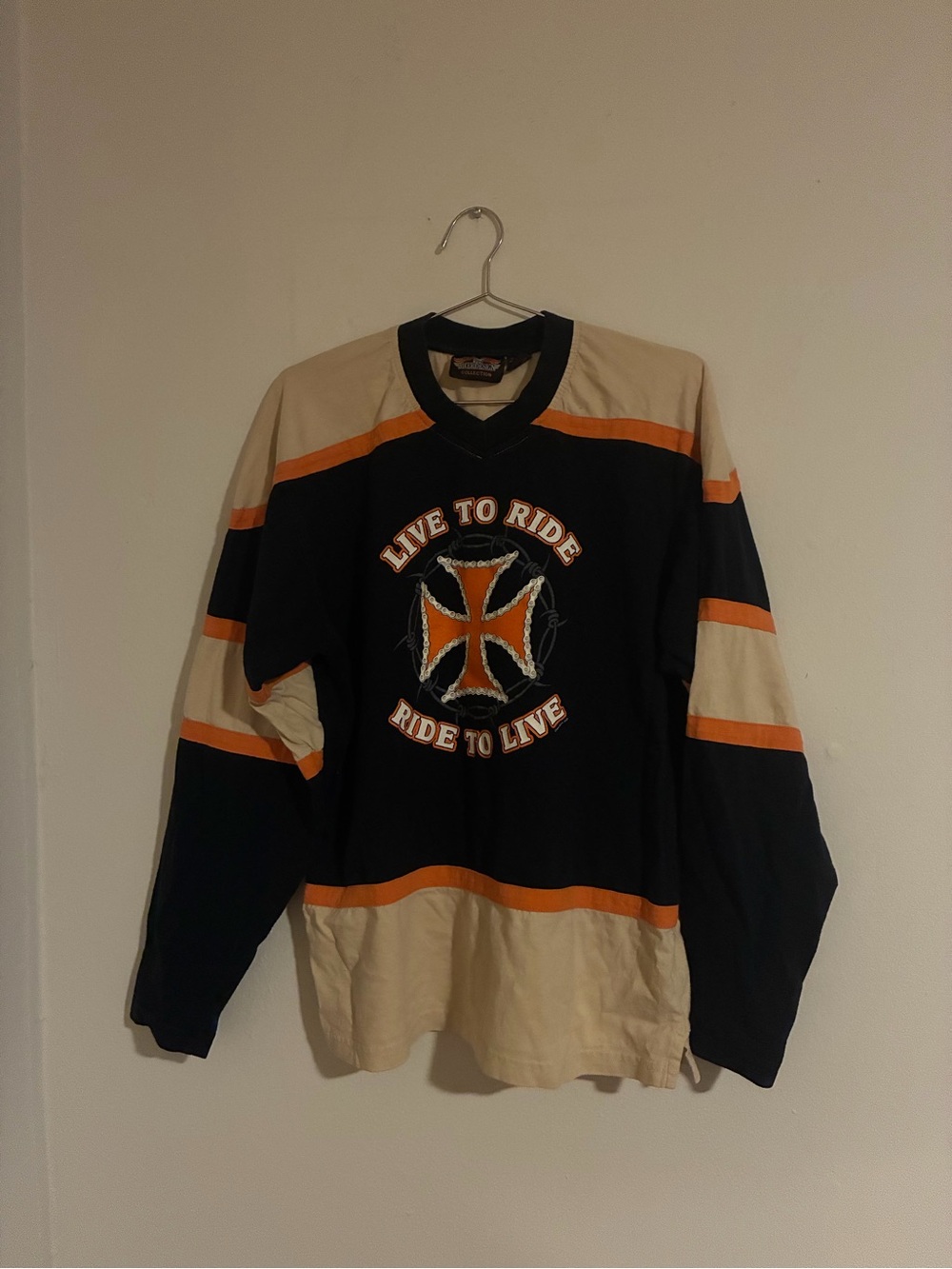 Live To Ride Black and Cream Long-Sleeve Jersey with Orange Accents